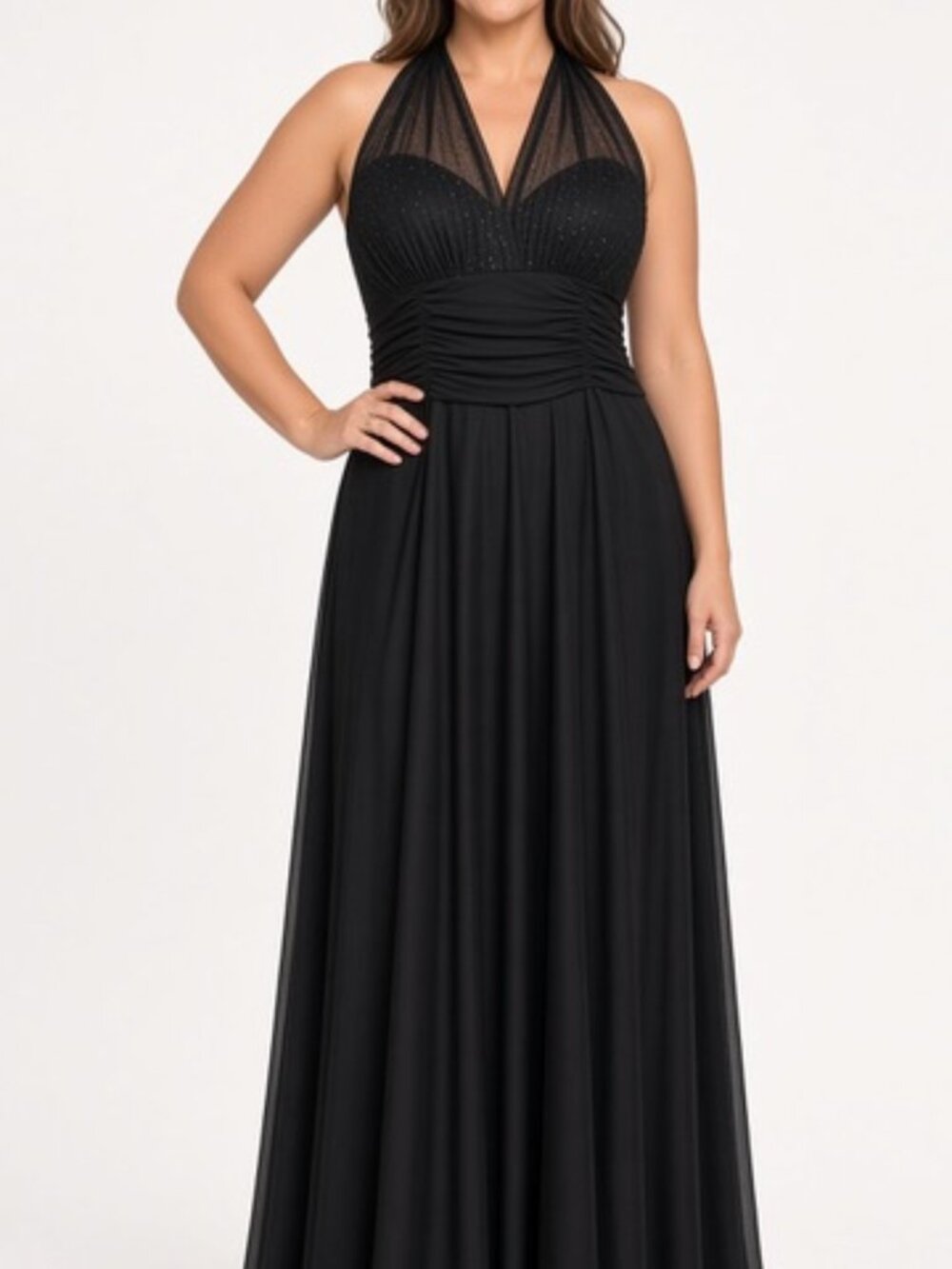 Connected Apparel Black Glitter Mesh Halter Formal Dress